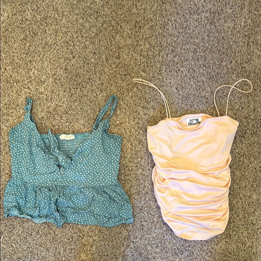 Blue Polka Dot Top and Peach Ruched Top Set